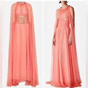 Ozgur Masur Embellished Chiffon Cape Gown Orange Maxi Dress